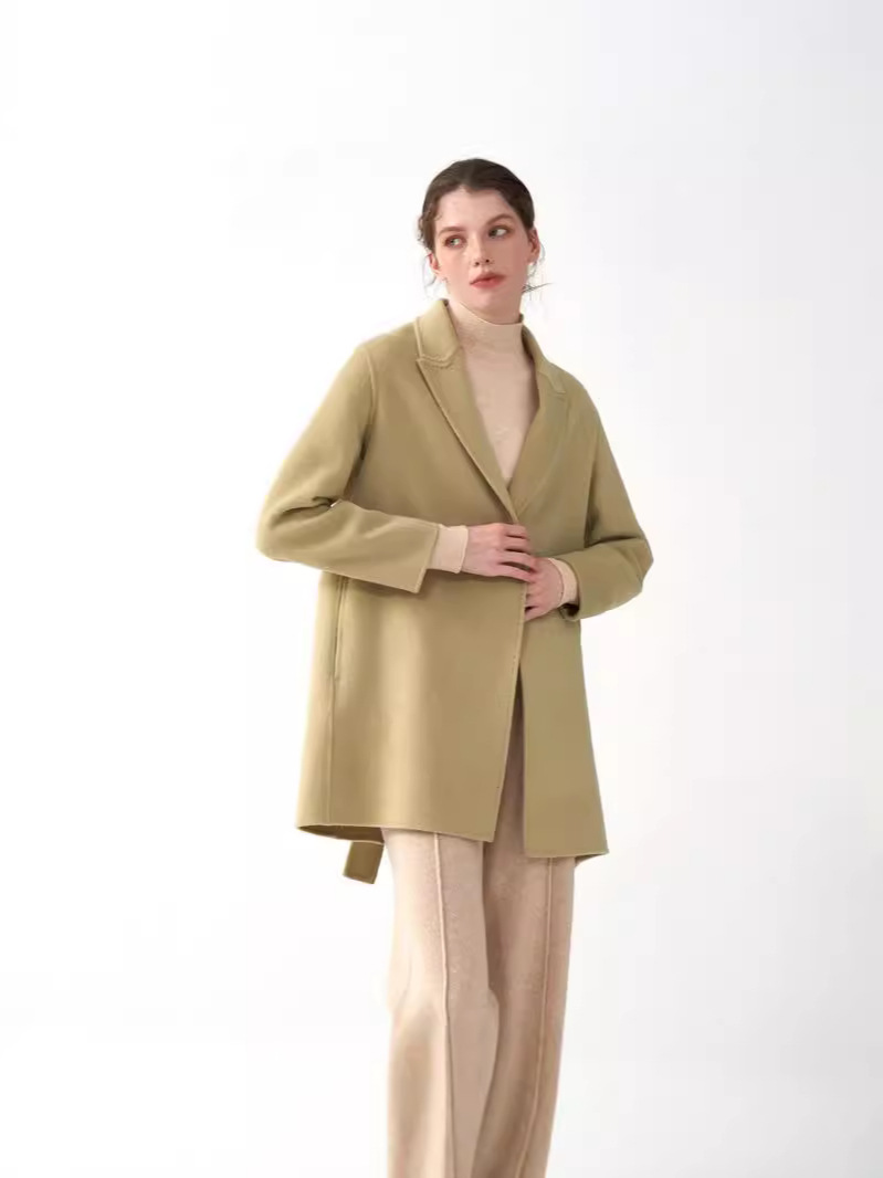 Small Dipper Trenchcoat Autumn and Winter New Double-sided Fleece Wool Coat Matcha Lime Color Loose Simple Women's Coat