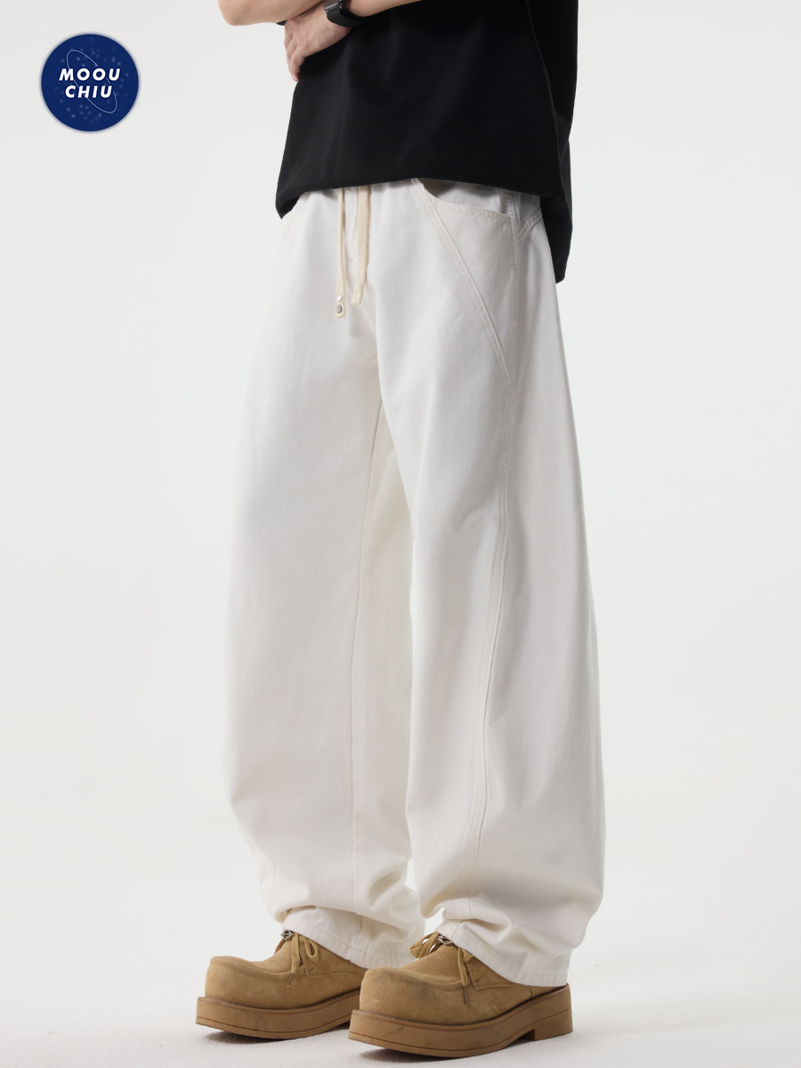 Muqiu Men's Wear | White Deconstructed Scimitar Jeans for Men, Loose Straight-Leg Design with Patchwork Wide-Leg Casual Pants