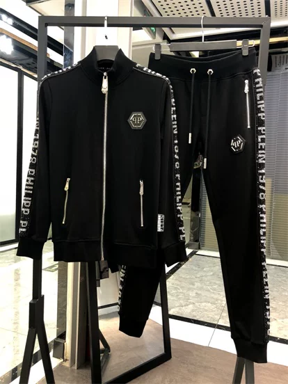 2024 European Station Fashion Brand Set Men's Autumn/Winter PP Letter Hot Diamond Standing Collar Cardigan Casual Sports Two Piece Set