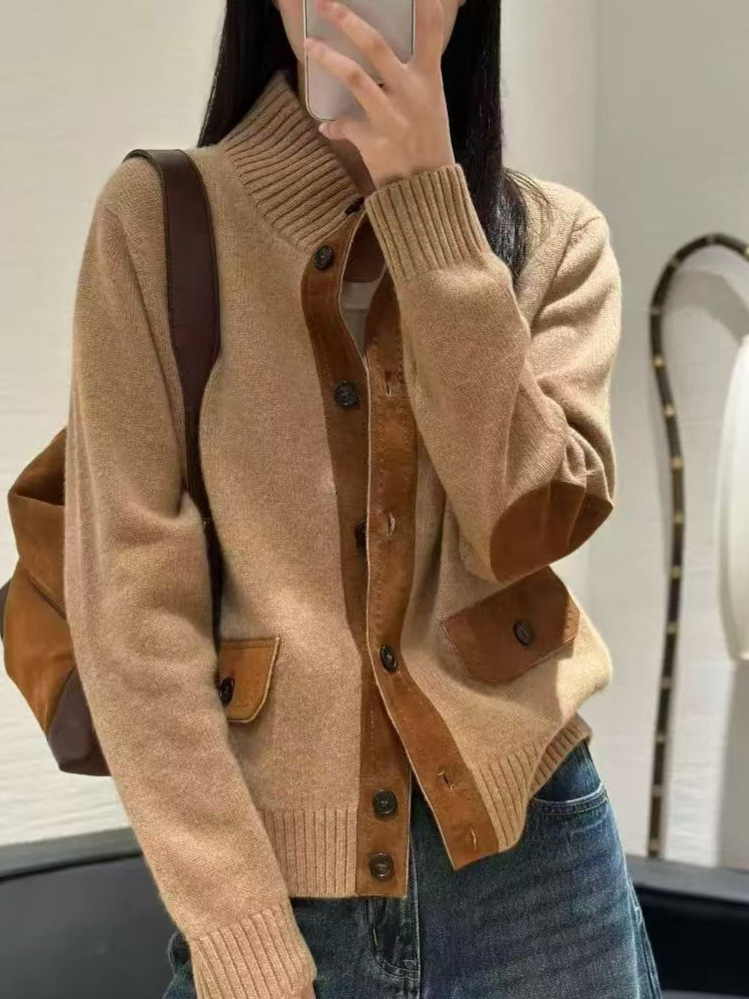 2026 Autumn and Winter New Style Stand-Up Collar Leather Patchwork Pure Wool Cardigan Jacket Women's Design Long-Sleeved Jacket Sweater Knitwear