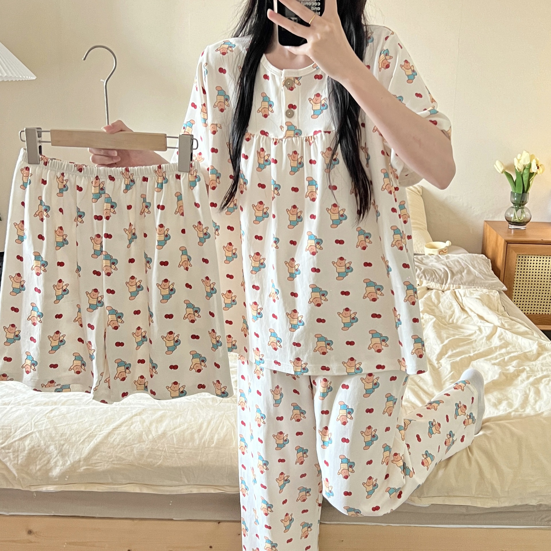 Three-piece Pajamas Women's Spring and Autumn 2024 Summer Cheap Cheap Cute Cherry Bear Comfortable Loose Home Clothes