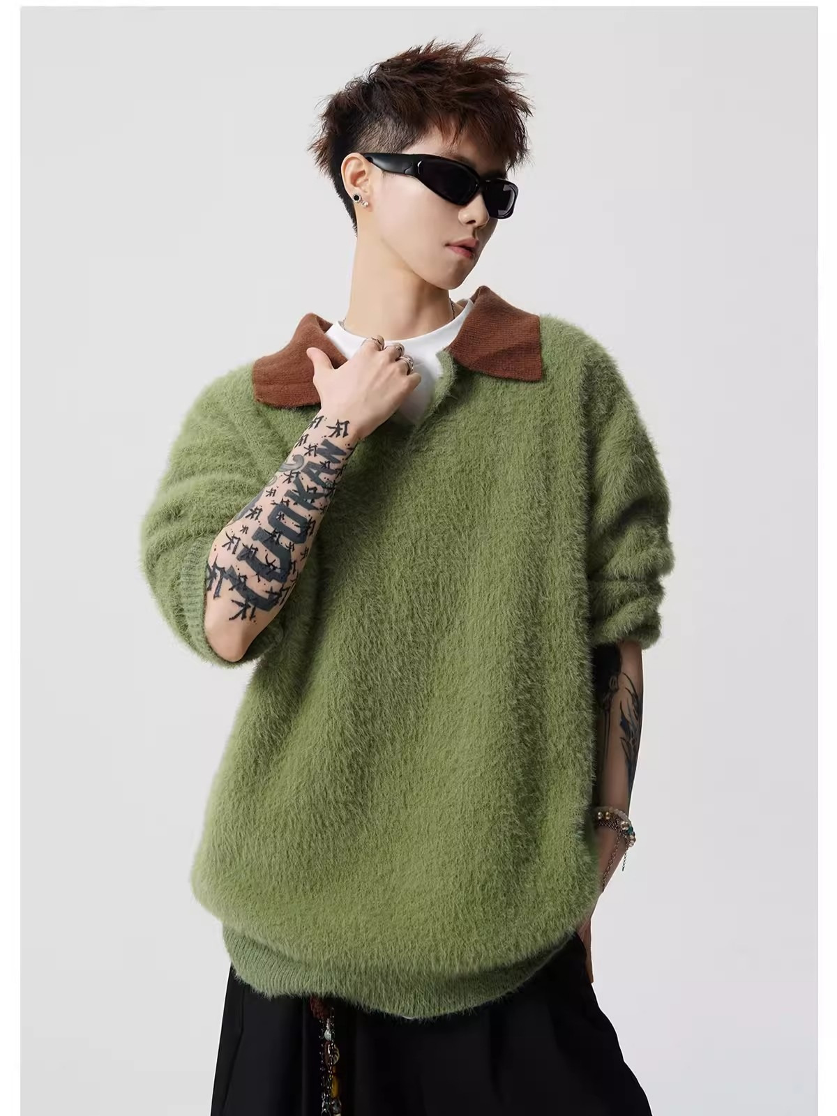 American-Style Green Mohair Knit Sweater for Men, Winter Heavyweight, Warm, Thick, Loose, Casual, Versatile, Plus-Size Sweater