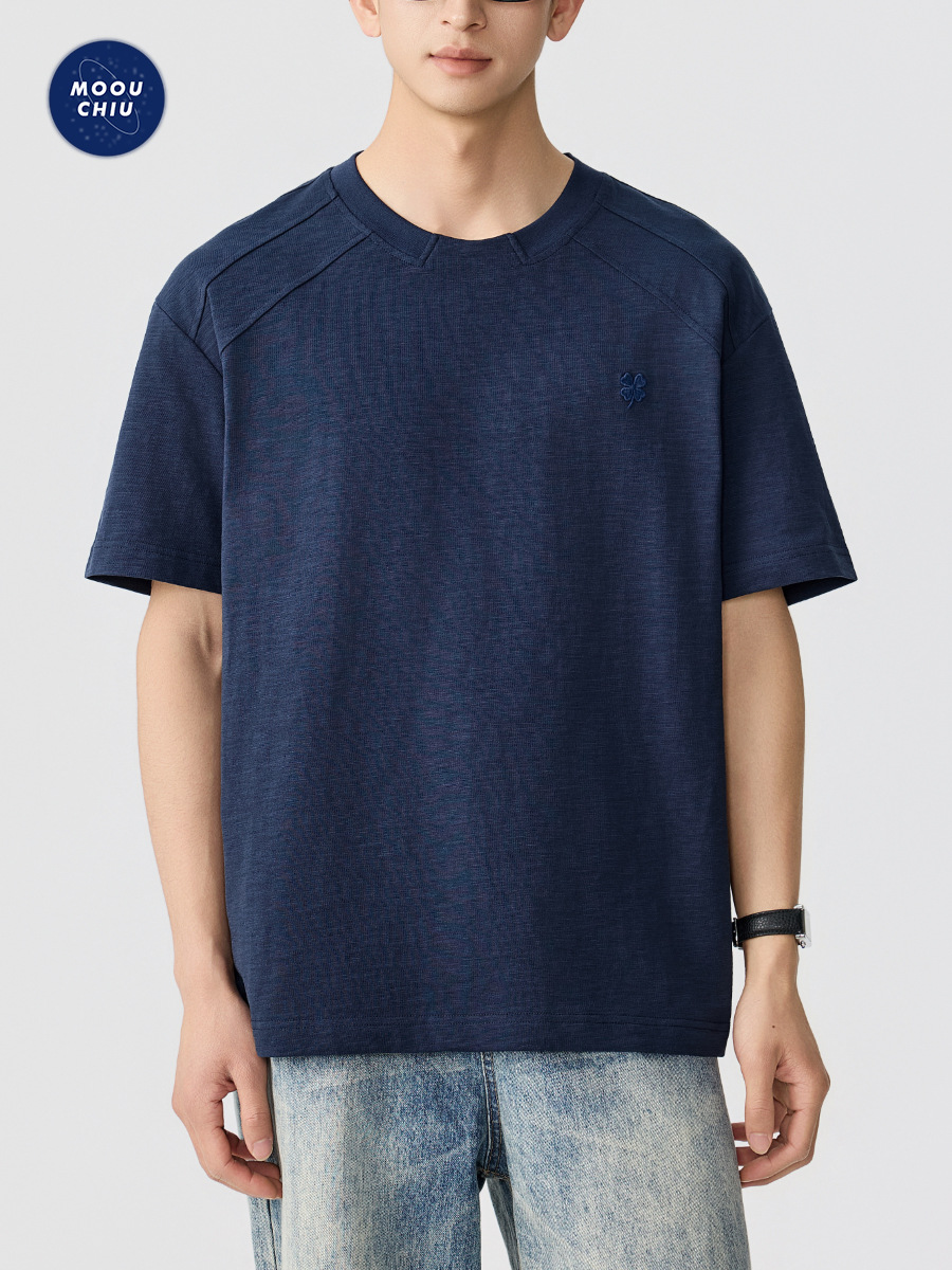 Muqiu Men's Clothing | American Retro Bamboo Texture Embroidered Short Sleeve T-Shirt Men's Loose Deconstructed Raglan Top