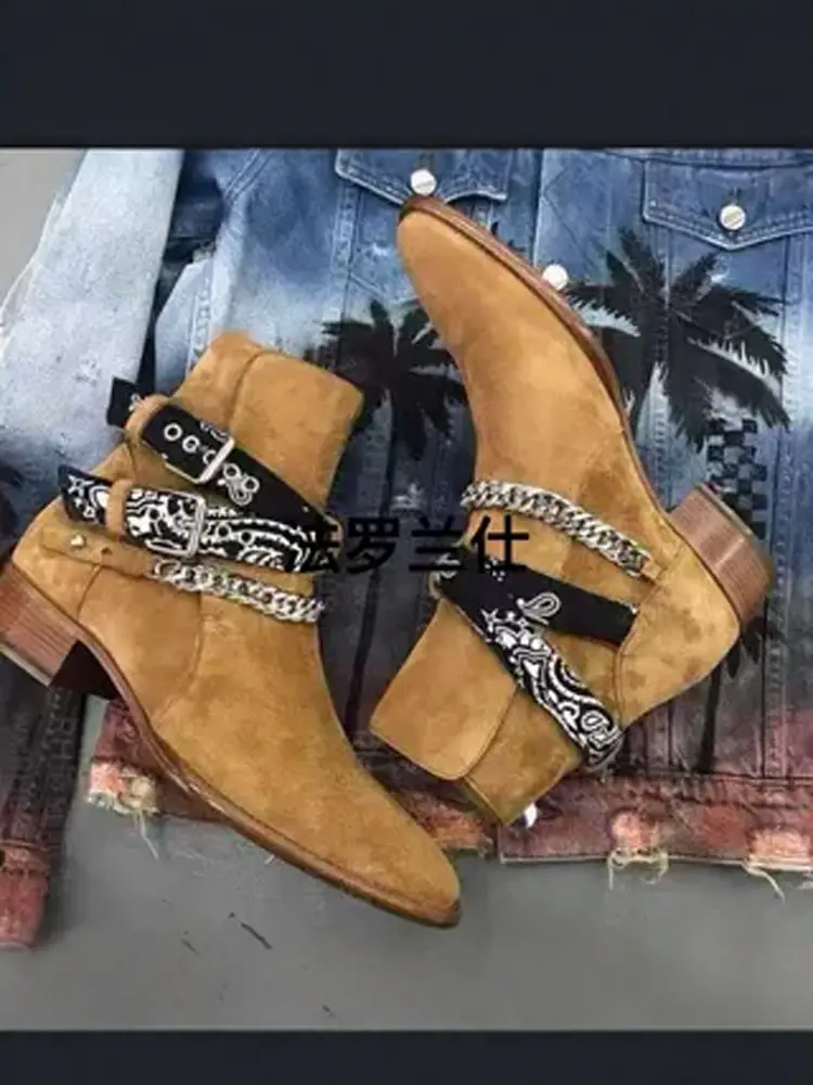 Chelsea Boots Am Style European and American Catwalk Spring and Summer Fashion Stylish British Buckle Nubuck Leather Pointed Toe Breathable Cowboy Boots