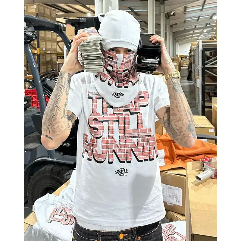 DRILL SYNA WORLD High Quality American Street Hip Hop Printed Short Sleeve T-Shirt Men's Fashion Brand Half Sleeve T-Shirt