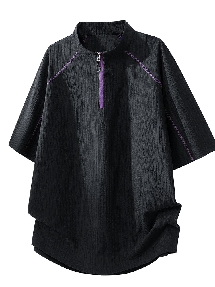 Ice Silk Sun-Protective Half-Zip Short-Sleeve T-Shirt and Shorts Set for Men, Cool and Stylish Outfit for Summer, with a Relaxed and Cool Vibe