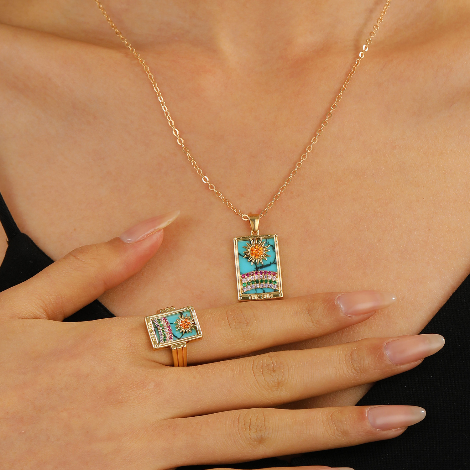 European and American Ins Fashion Retro Popular Hot Pendant Jewelry Rectangular High Sense Drop Oil Zircon Tarot Necklace