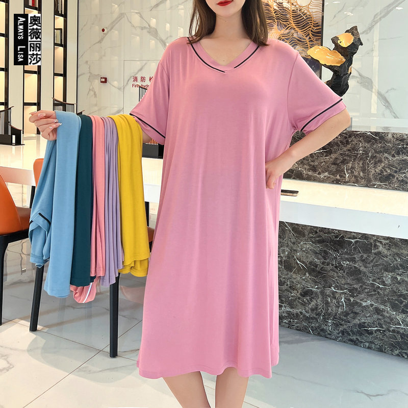 Bit Cotton Summer New Large Size V-neck Color-block Loose Slimming Modal Short-sleeved Dress Women's Large Swing Dress