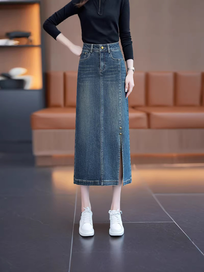 Elegant Mid-Length Denim Skirt for Women, 2026 Summer New Stylish High-Waisted Women's Fashion Slit Skirt