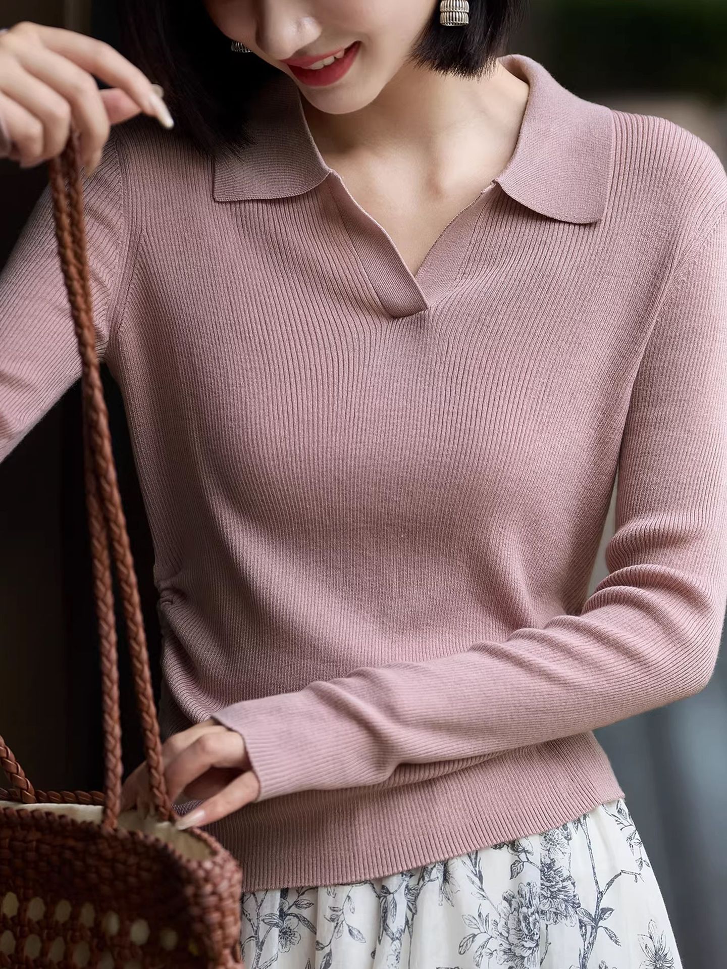 26 Spring New Pink Lightweight Drawstring Slim Fit Elegant Turn-Down Collar Long Sleeve Knitted Sweater for Women 22782