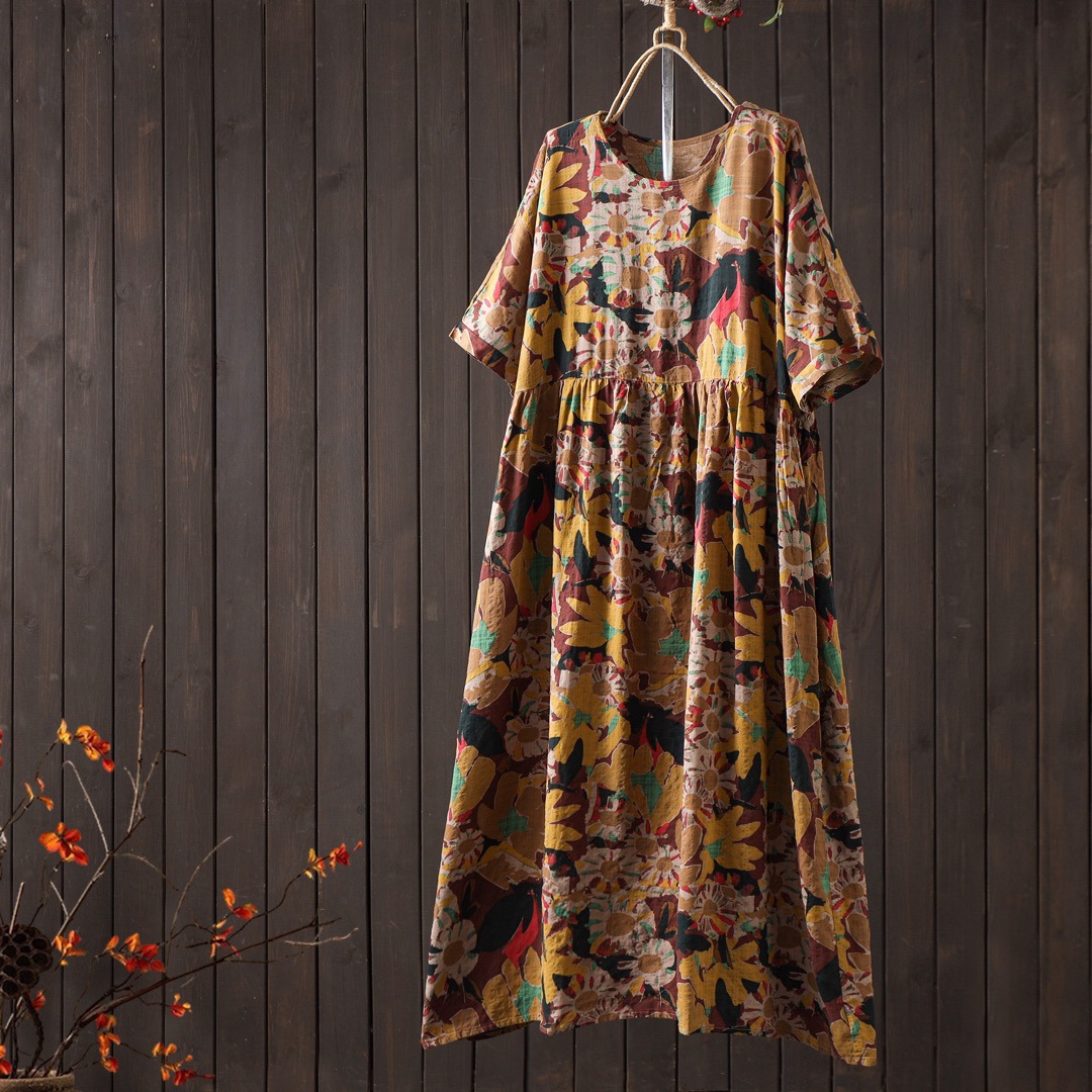 Summer Vintage 2026 New Printed Round Neck Short-Sleeve Dress, Loose Fit, Slimming Plus-Size Dress