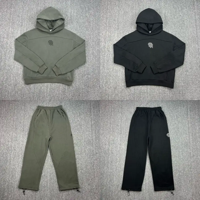 Mertra American Hip-Hop Embroidered Logo Double-Hooded Sweatshirt for Men and Women, Fleece-Lined Sports Casual Pants Set, Trendy