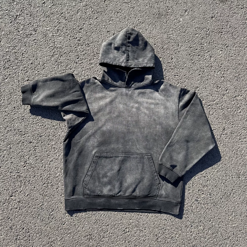 Clearance processing!! No problem, retro street design, solid color, simple vintage, washed away style, 450g hooded sweatshirt