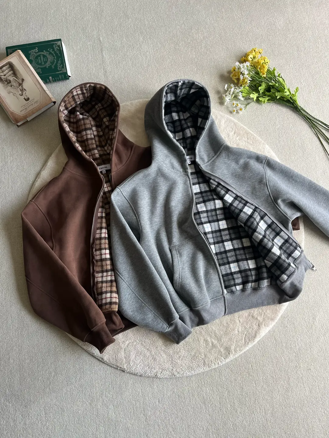 Xanvas Plaid Wool Blend 600g Zip-Up Hooded Sweatshirt Jacket, Old Money Style, Versatile for Commuting, Clean Fit