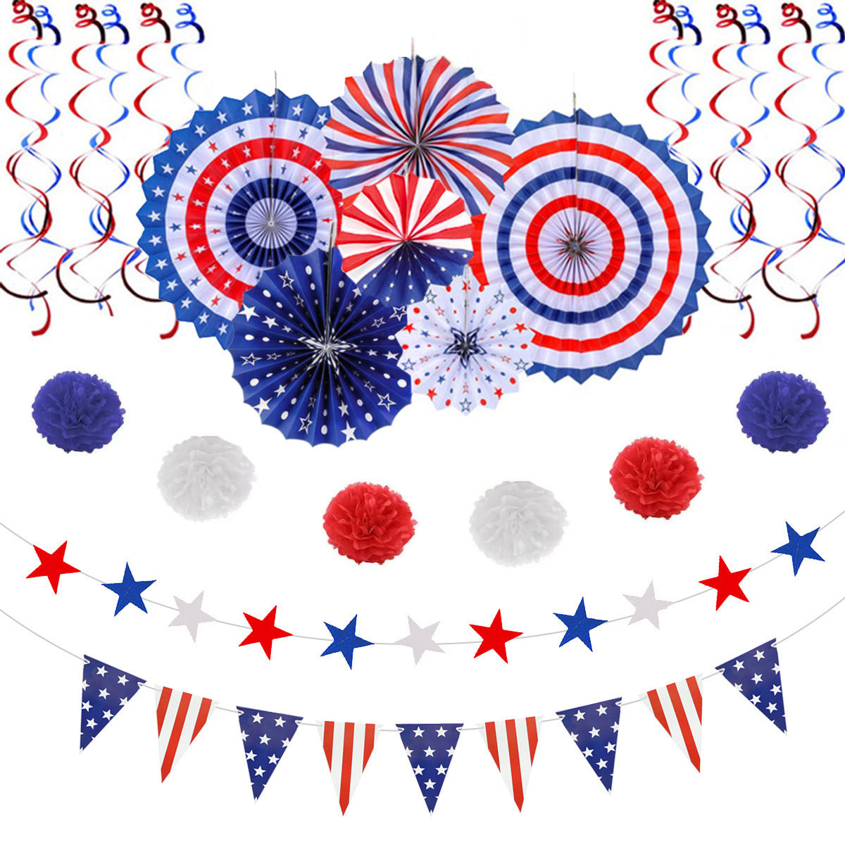 2023 National Day Hotel Mall School Party Celebration Decoration Paper Fan Flower Stars and Stripes Paper Flower Hanging Ornaments