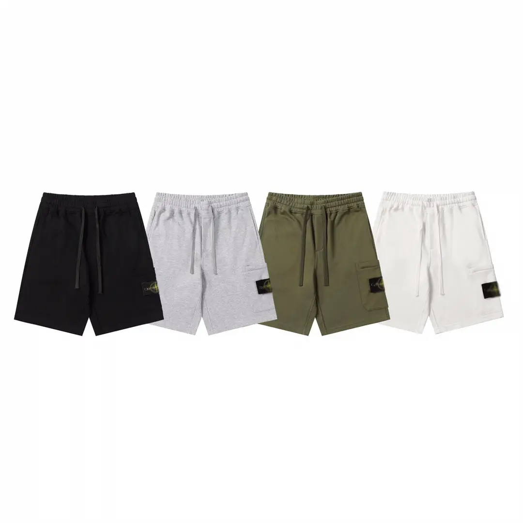 Cross-Border European and American New Style Stone Solid Color Compass Patch Shorts for Men and Women with Large Pocket Decoration Five-Point Pants