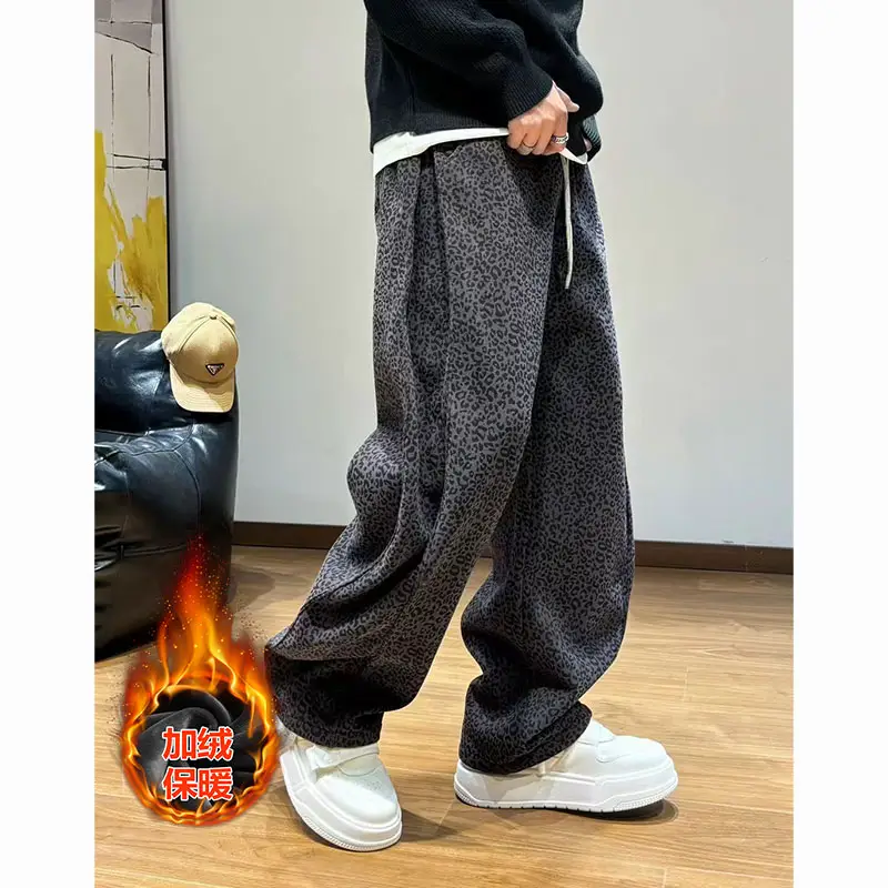 Full Print Leopard Print Fleece-lined Pants Men's Autumn and Winter Loose Drape thickened Wide Leg Sweatpants American Style Casual Scimitar Pants