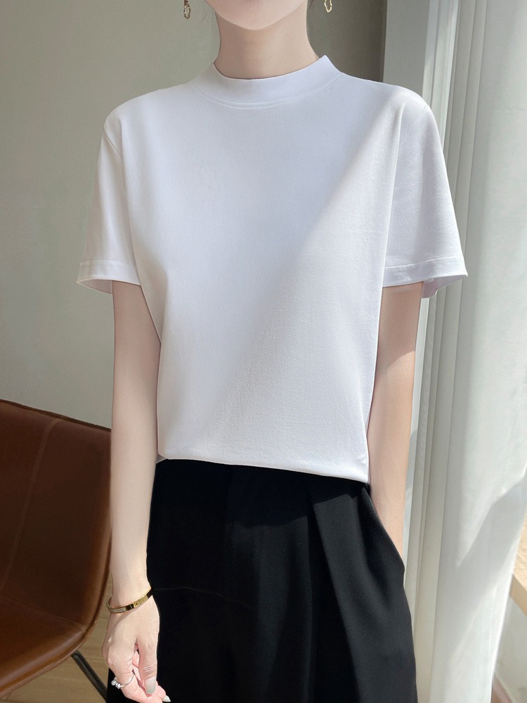 New Style Non-Pilling Pure Cotton Half-High Collar Short-Sleeve T-Shirt, Elegant and Slimming, Suitable as an Inner Layer, Women's Knit Top, New Style Top