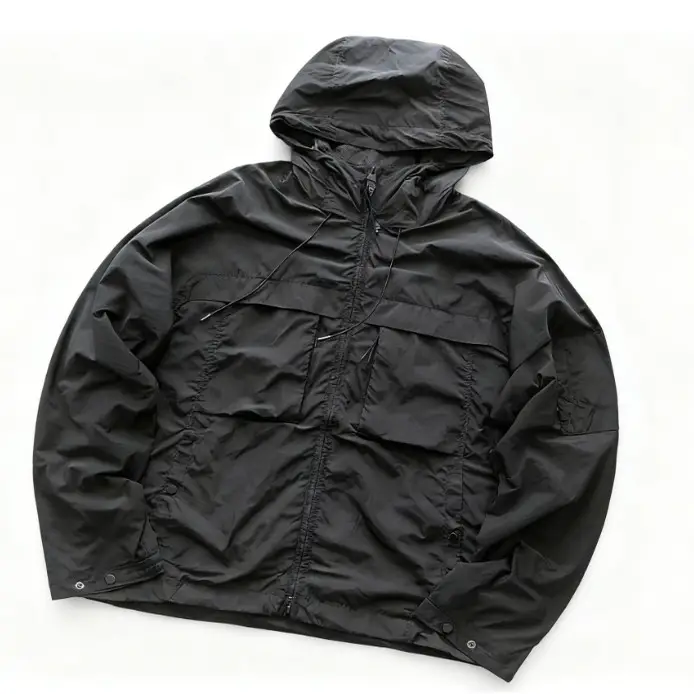 Two Vertical Zipper Pockets under the Front Horizontal Strip, Black Circle on the Left Arm, Two-Color Hooded Zipper Jacket 44112507
