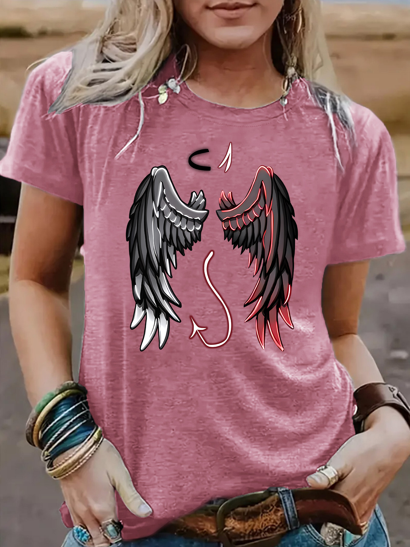 Amazon Independent Station Angel Wings Print New Round Neck Loose Short Sleeve Ebay Casual T-Shirt Women Wholesale