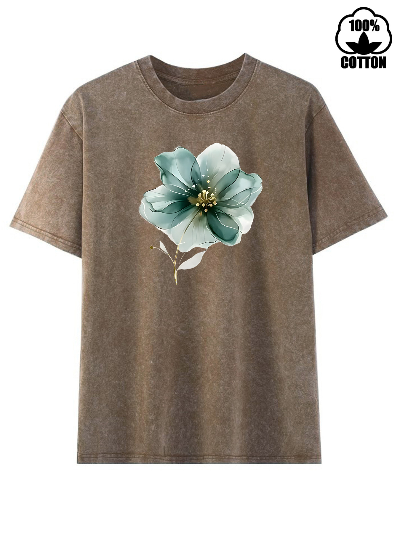 European and American Style In-Stock Round Neck Short-Sleeve T-Shirt with Green Gradient Floral Print, Summer Comfortable T-Shirt, Pure Cotton Washed Vintage Top