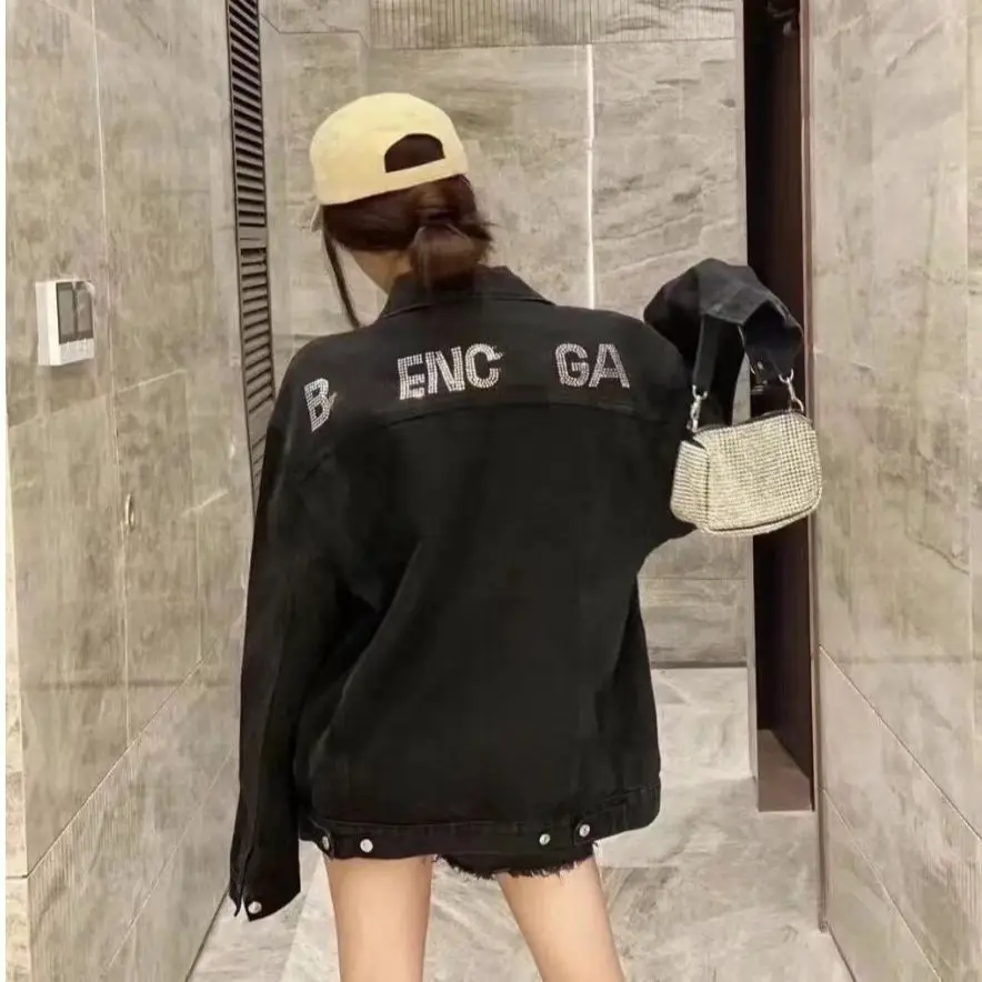 2023 Early Autumn Dujia Version Paris B Family Hot Diamond Letters Men's and Women's Easiest for Match Loose Casual Denim Jackets