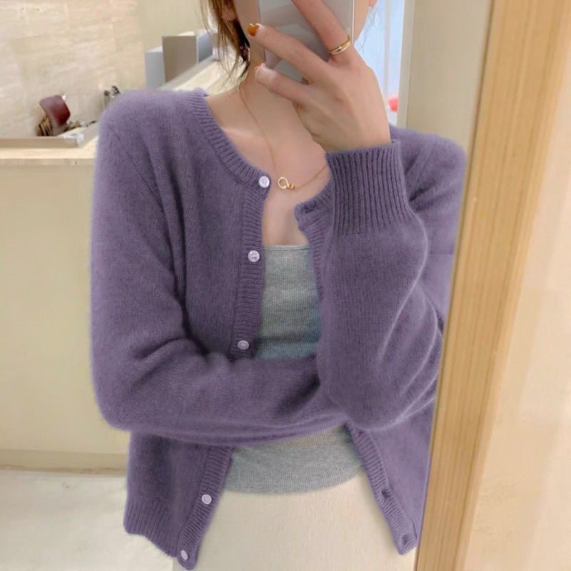 2026 Spring and Autumn New Style Round Neck Purple Short Knitted Cardigan Loose Outerwear Sweater Jacket for Women