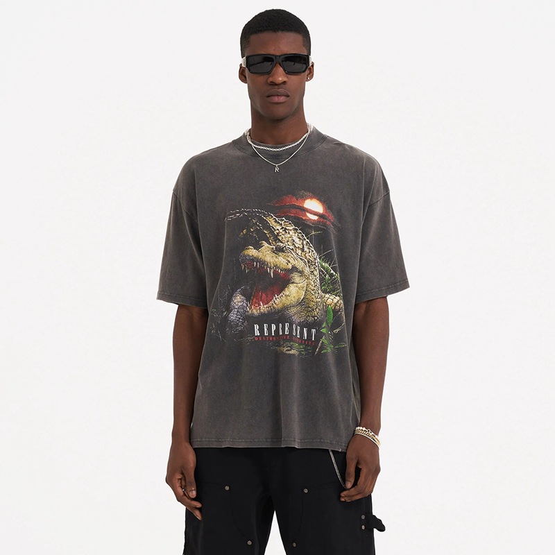 High Quality REPRESENT Destruction Crocodile Print High Street British Retro Loose Wash Water Distressed Short Sleeve T-Shirt Trendy