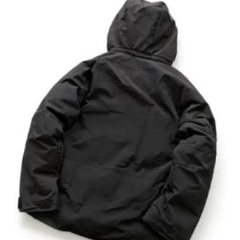Left vertical strip black string and lower pointed dark green hooded cotton suit 33123012