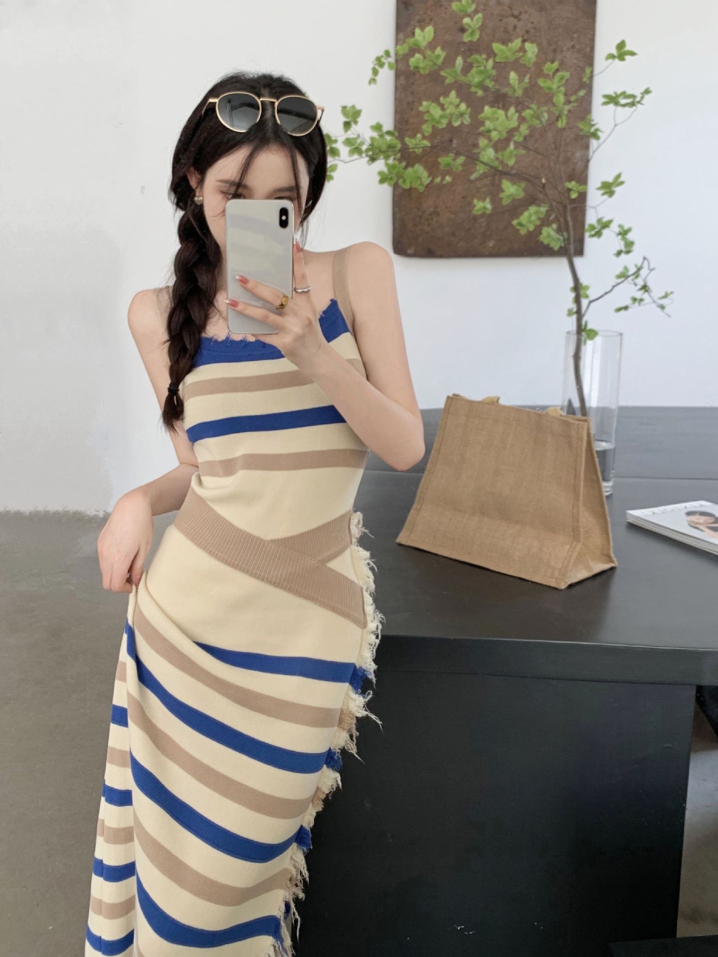 Hot girl striped knitted sling dress women's summer contrast color split sexy A- line mid-length sheath skirt