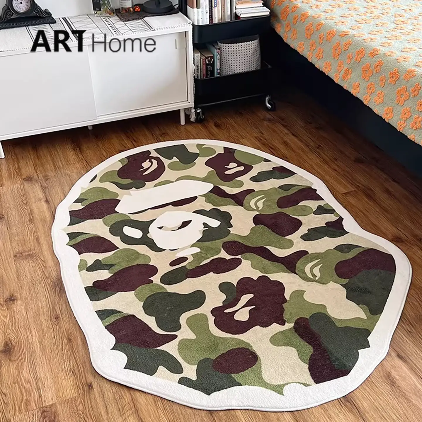 Trendy Camouflage Ape Thick Velvet Carpet for Living Room, Bedroom, Bedside, Home Decoration, Study Room Chair Mat, Non-Slip Washable Floor Mat