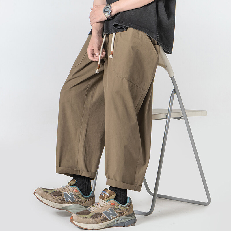 Men's Summer Work Pants Japanese Retro Loose Straight Casual Long Pants Youth High Street Cool Wide-Leg Cropped Pants
