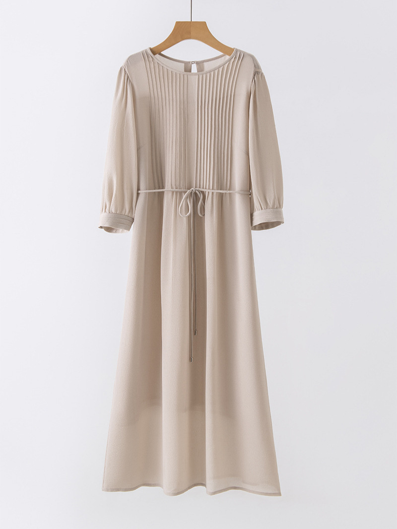 Summer New Style Silk dress Women's Round Neck Mulberry Silk Skirt Mid-length Commuter Seven-point Sleeve Lace-up Straight Skirt