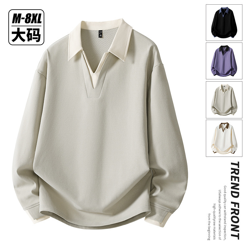 Trendy Oversized Desan Ribbed Color-Block Polo Shirt V-Neck Sweatshirt for Men, New Spring and Autumn Style, Faux Two-Piece Loose Base Shirt