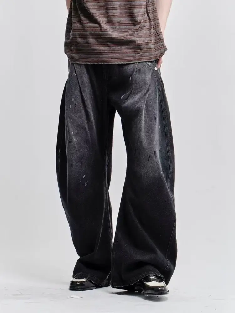I795 Conz Same Style Black Splash Ink Structure Washed Bent Knife Jeans Japanese Trend 3D Cutting In Stock