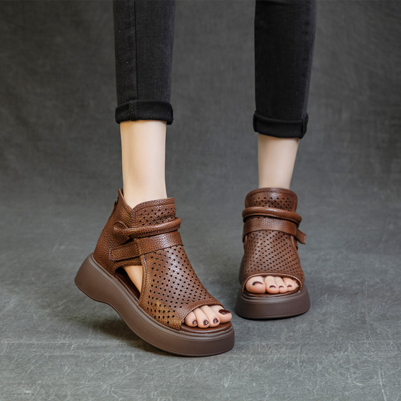 2024 Spring and Summer New High-top Hollow Platform Platform Breathable Retro High-heel Sandals Women's Shoes