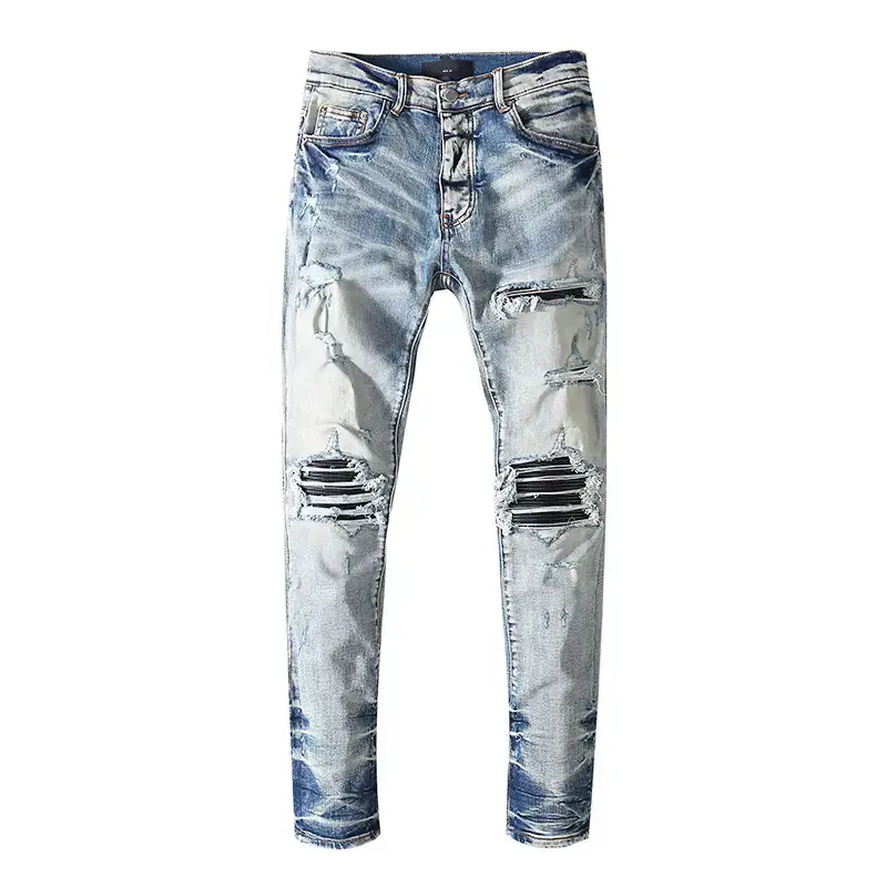 European and American high street fashion men's jeans distressed light blue ripped leather micro elastic slim fit skinny pants men's fashionable trousers