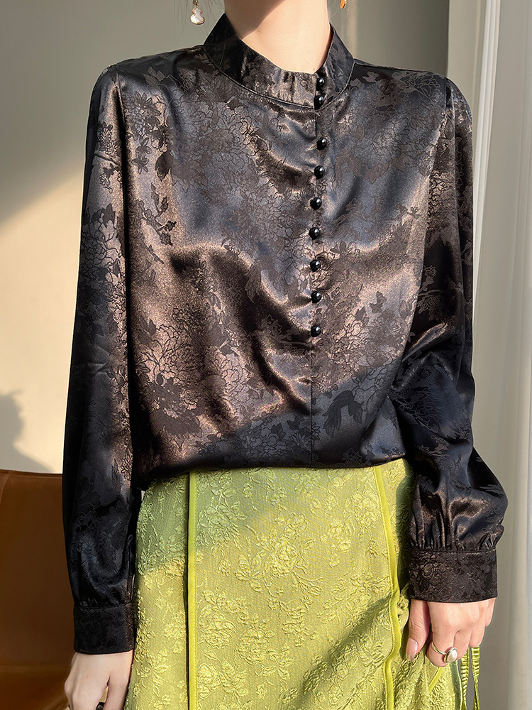 New Chinese-Style Satin Long-Sleeve Shirt for Women, Spring/Summer 2025, New National Style Retro Jacquard Button-Up Stand Collar Base Top