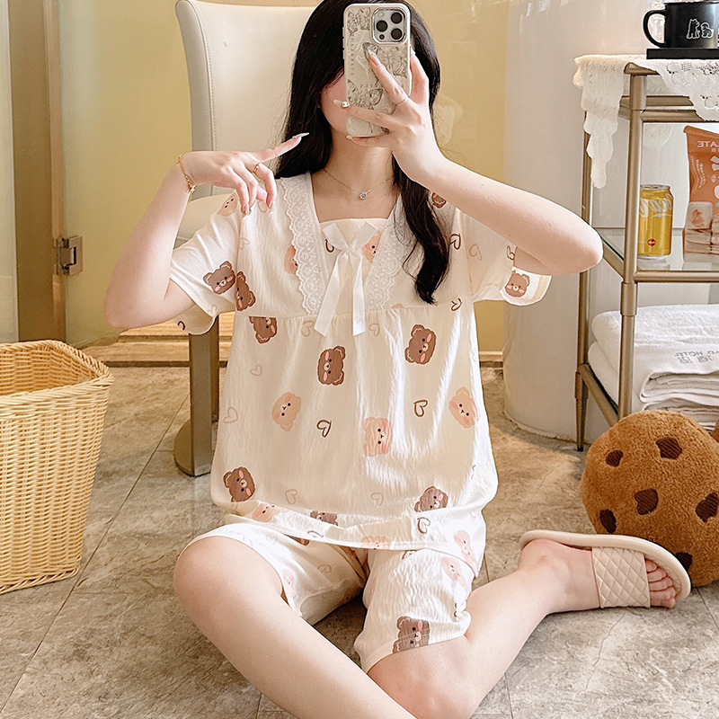 Tweed Style Pajamas for Women Summer New Style Cloud Cotton Lace Short-Sleeved Shorts Loose Casual Home Wear Set