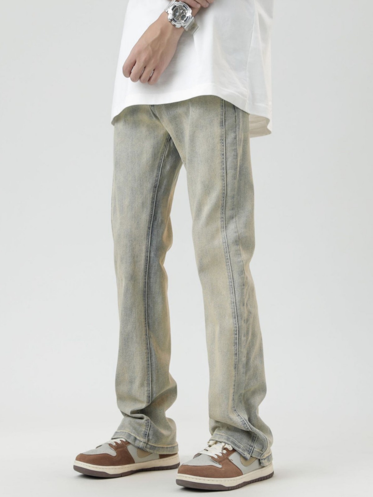 Shanggu men's American fashion brand retro slim jeans men's vibe high-looking all-match stitching stretch long pants
