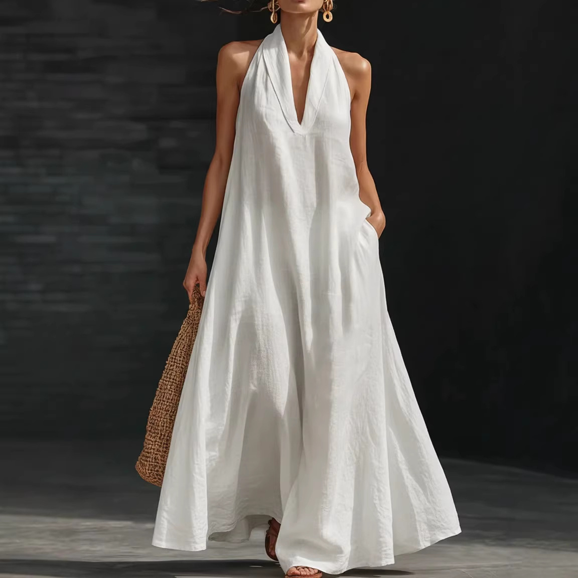 European and American Cross-Border New Model 2026 Summer Women's Casual Solid Color V-Neck Dress Amazon Tiktok New Product