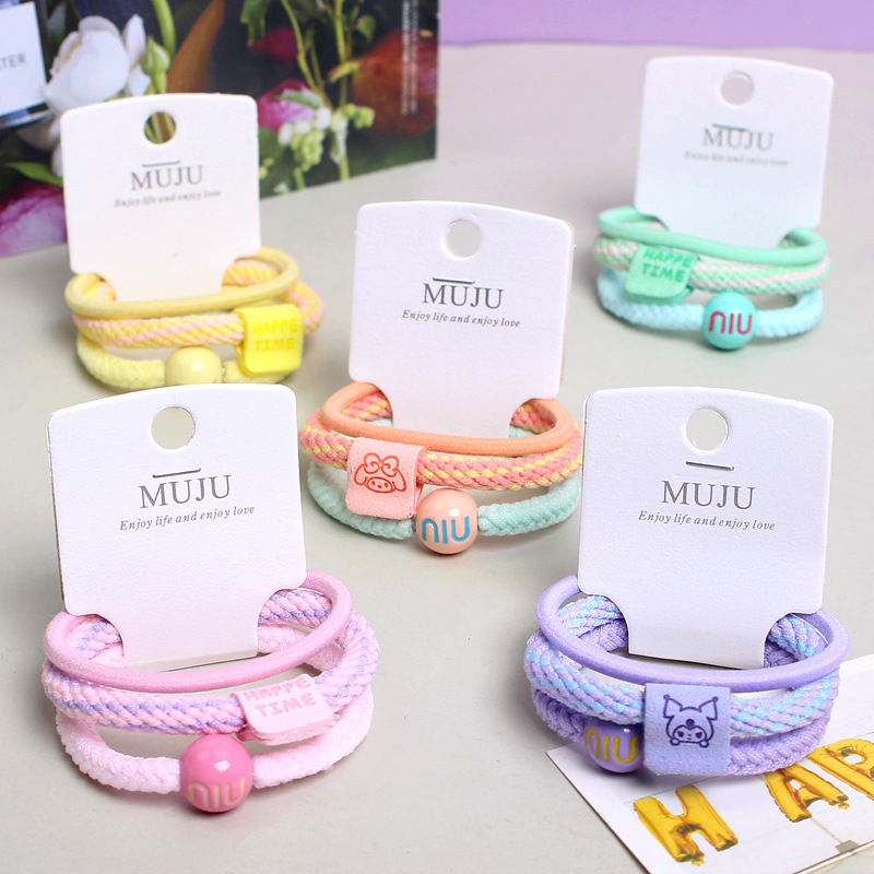 Sweet Sanrio Hair Rope Exquisite 3 Card Leather Cover Cute Sugar Bean Hair Ring Rubber Tendon High Elastic Ponytail Head Rope