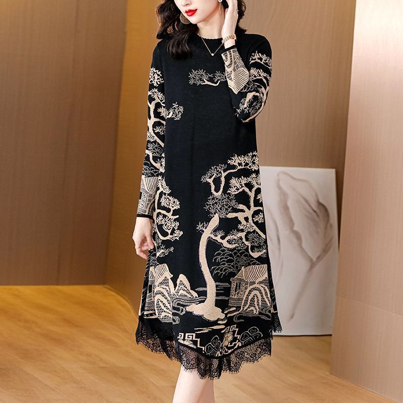 Knitted Jacquard Dress for Women, New Autumn and Winter Lace Sweater Dress, Over-The-Knee Slimming Mid-Length Skirt That Covers the Belly
