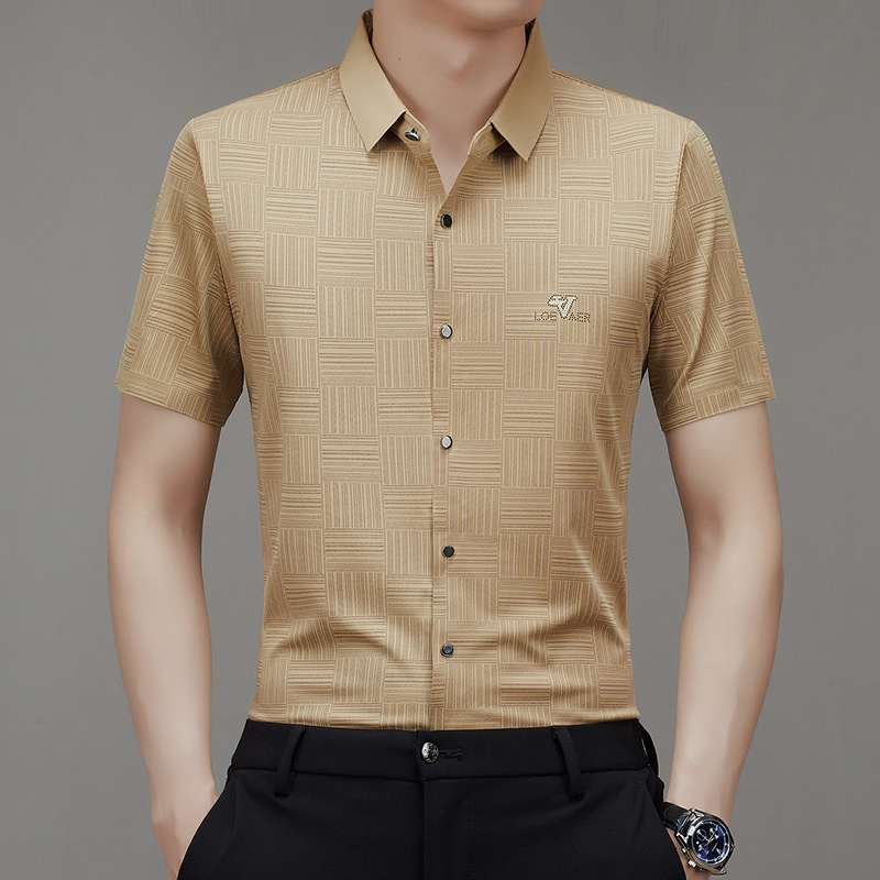 2024 Summer New Men's Young and Middle-aged Lapel Business Printing Seamless Fashion Casual Short-sleeved Shirt Men's Hair