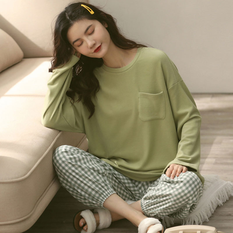Simple Casual Style Spring and Autum Pajamas for Women Korean Style Pure Color Plaid Long Sleeves Can Be Worn Outside Loose Home Clothes Set