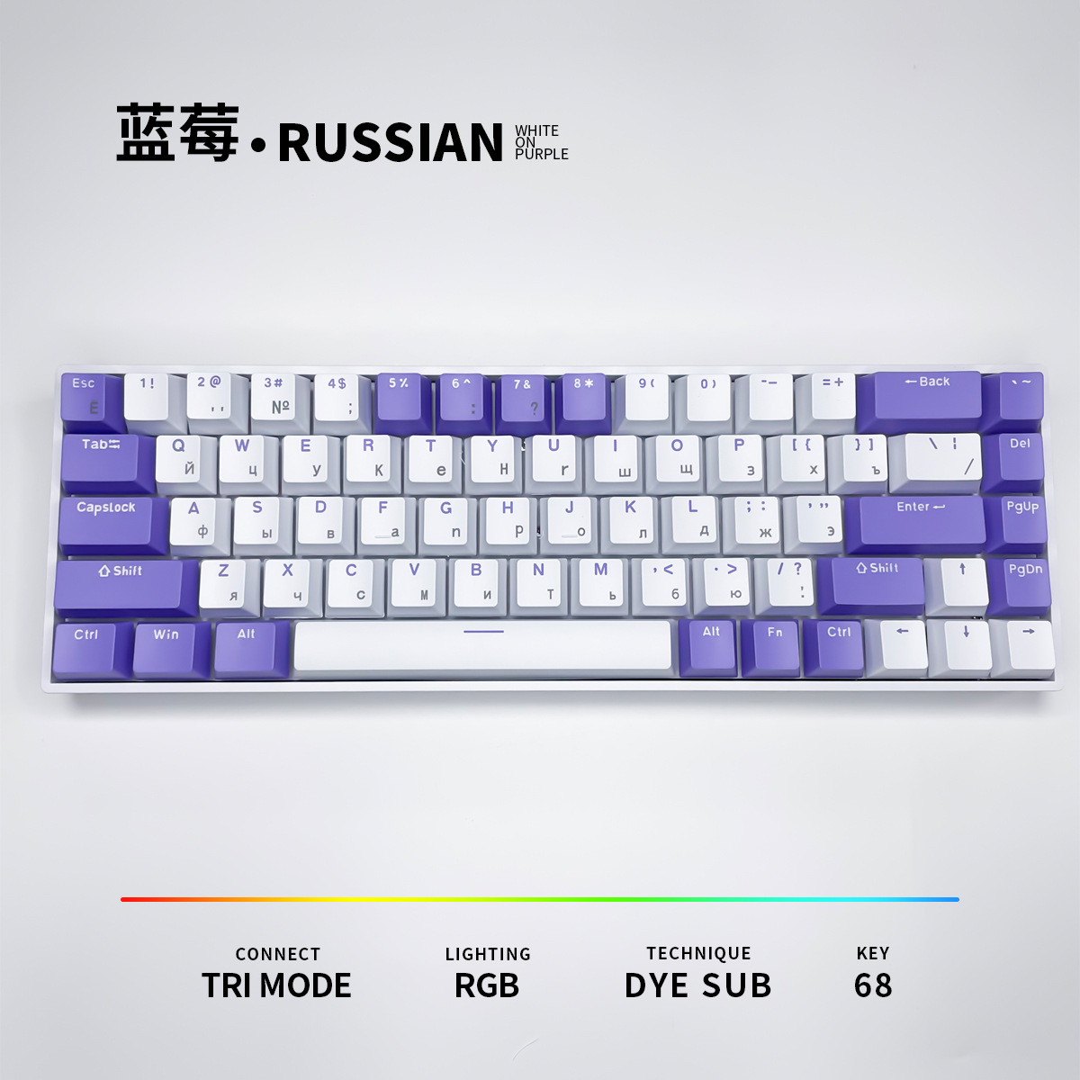 Russian Russian Blueberry Theme H68 Key Red Axis Three-Mode Bluetooth Base Hot-Swappable Mechanical Keyboard