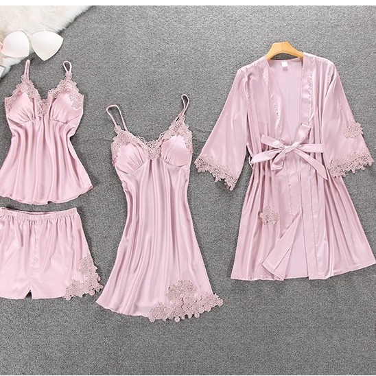 Korean version of sexy lace silk hanging skirt hanging robe five-piece suit sexy thin skirt home clothes with chest pad wholesale
