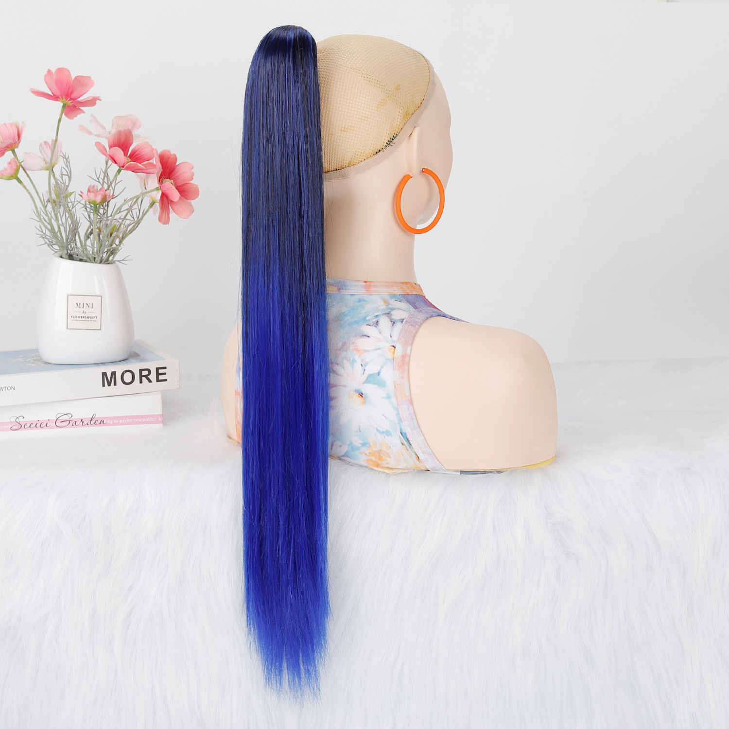 Wig Women's Long Straight Hair Gradient Non-Marking Clamp Horsetail Extended Thickened Color Gradient Tiger Clamp Horsetail