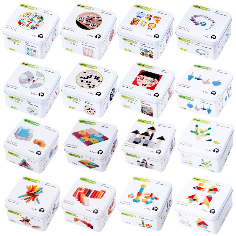 Wooden Children's Montessori Travel Iron Box Early Education Cognitive Rubik's Cube Puzzle Gyro Building Blocks Domino 2-6 Years Old Toy