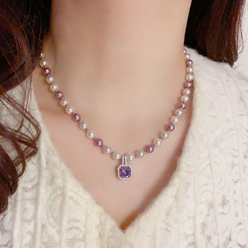 French Retro Square Purple Zircon Pearl Necklace Elegant Light Luxury Elegant Niche All-match High-end Clavicle Chain